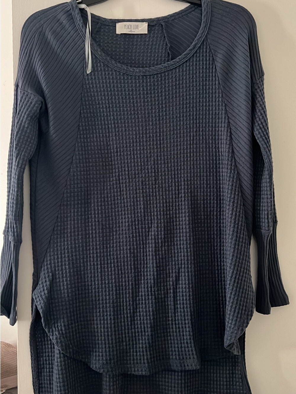 Peach Love California Navy Waffle Knit Crewneck Top